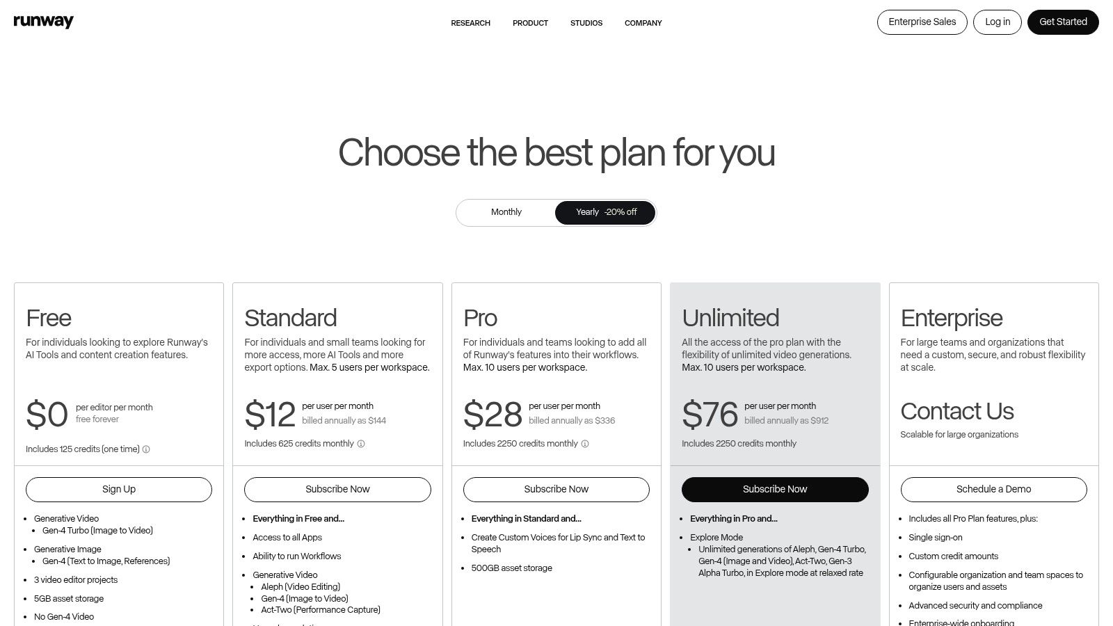 Runway Pricing Plans