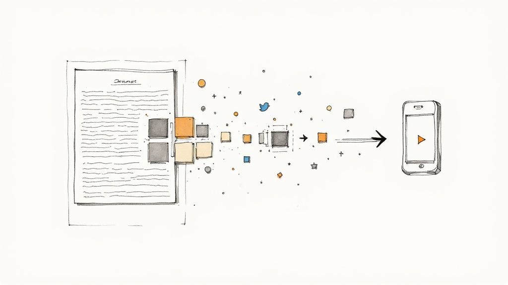 A document transforming into digital elements, then composing content on a smartphone screen.