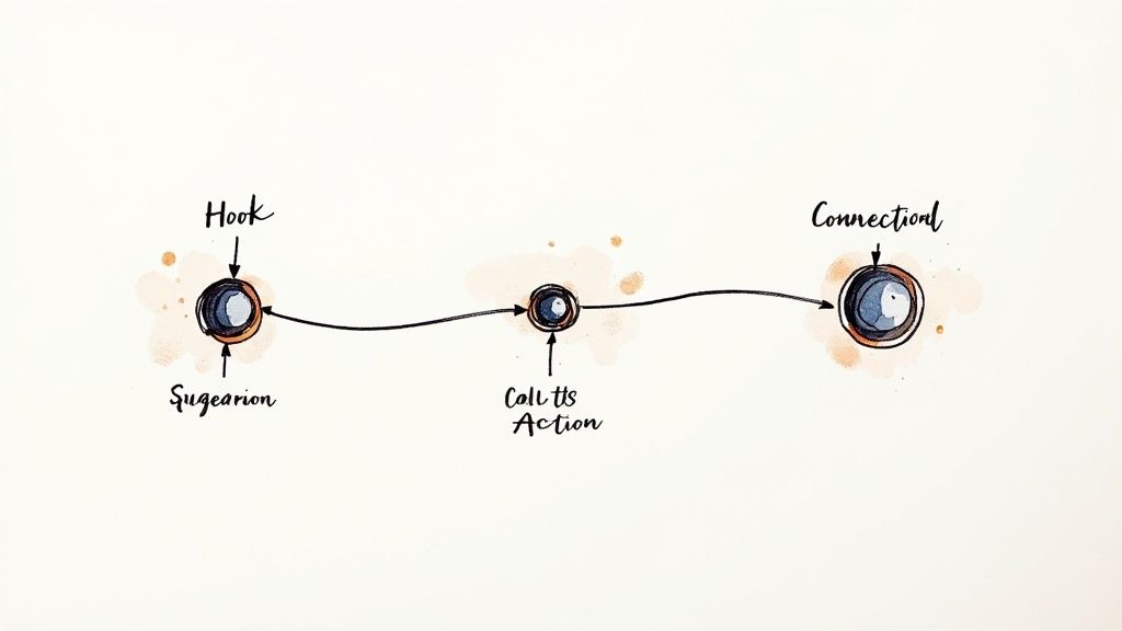 Watercolor diagram illustrating a three-stage process: Hook, Call to Action, and Connection points.