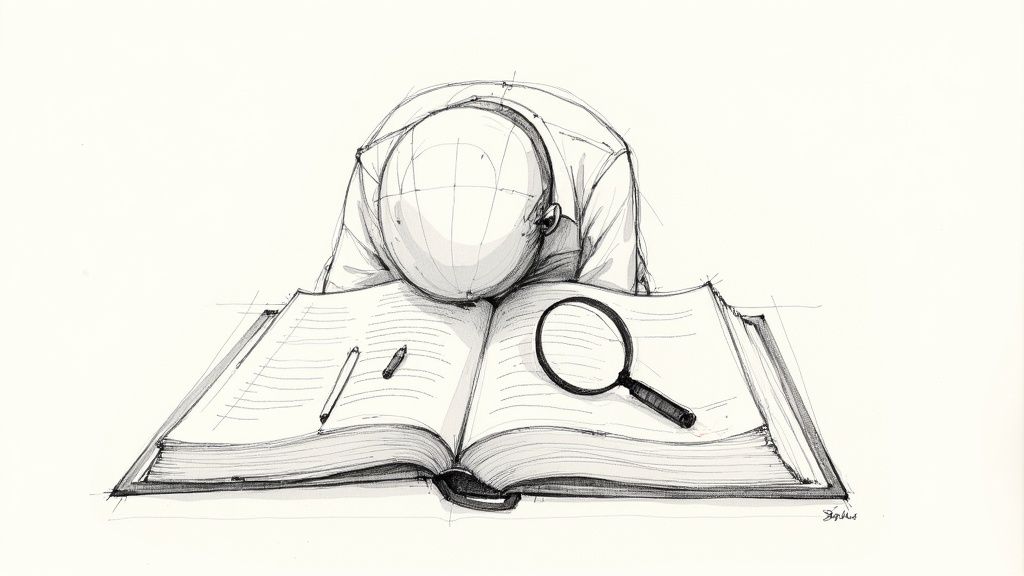 A person with their head resting on an open book, accompanied by a magnifying glass and pens, suggesting deep study or exhaustion.