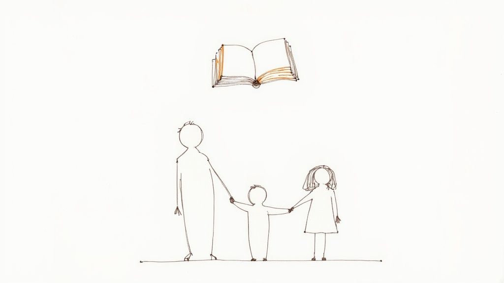 Minimalist drawing of a family holding hands below an open book, symbolizing learning.