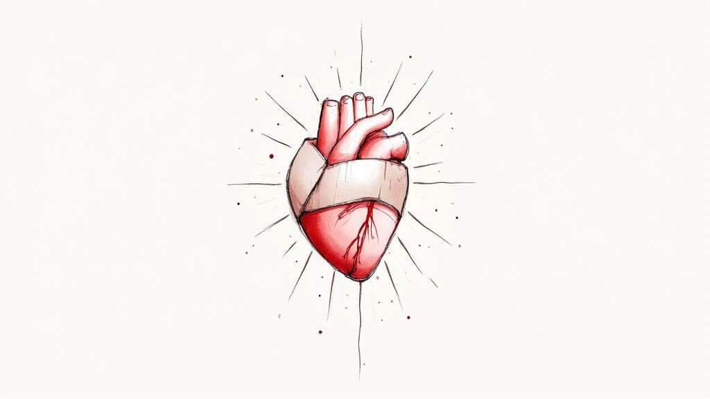 A stylized human heart wrapped in a white bandage, with radiating lines and red splatters.