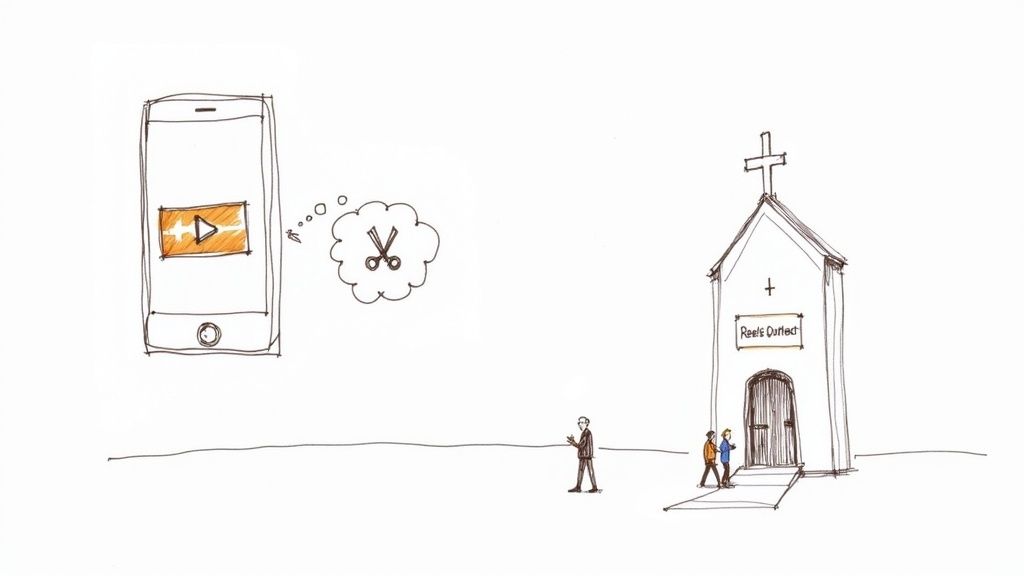 A sketch of a smartphone with a video editing thought bubble, and people approaching a church labeled 'Reels Ourlect'.