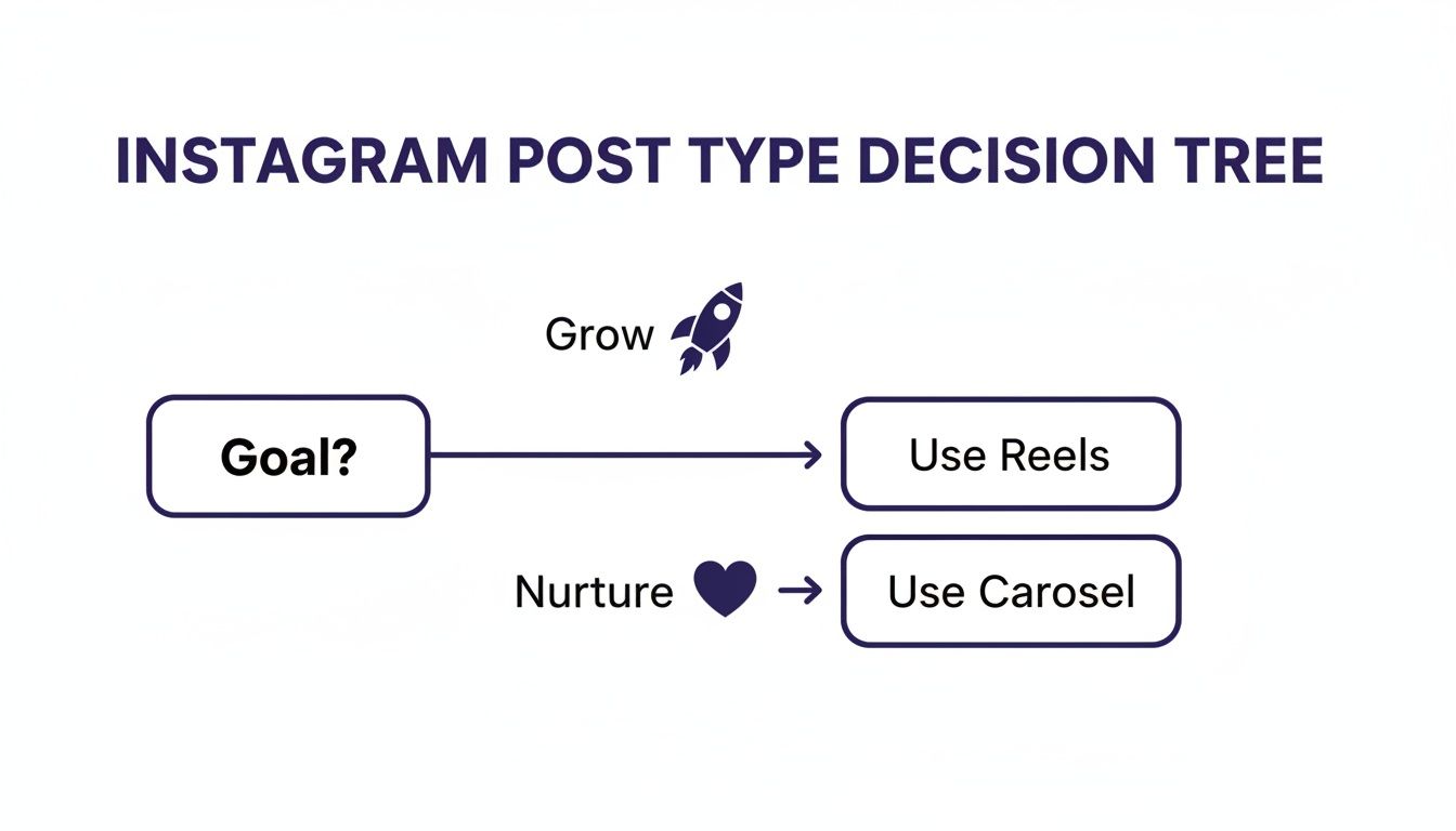 Instagram post type decision tree showing if the goal is to grow, use Reels; if to nurture, use Carousel.