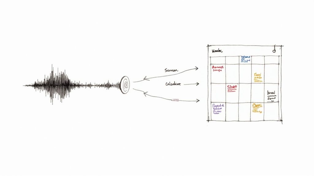 A diagram illustrates a sound wave analyzed into semantic and qualitative categories, organized in a grid.
