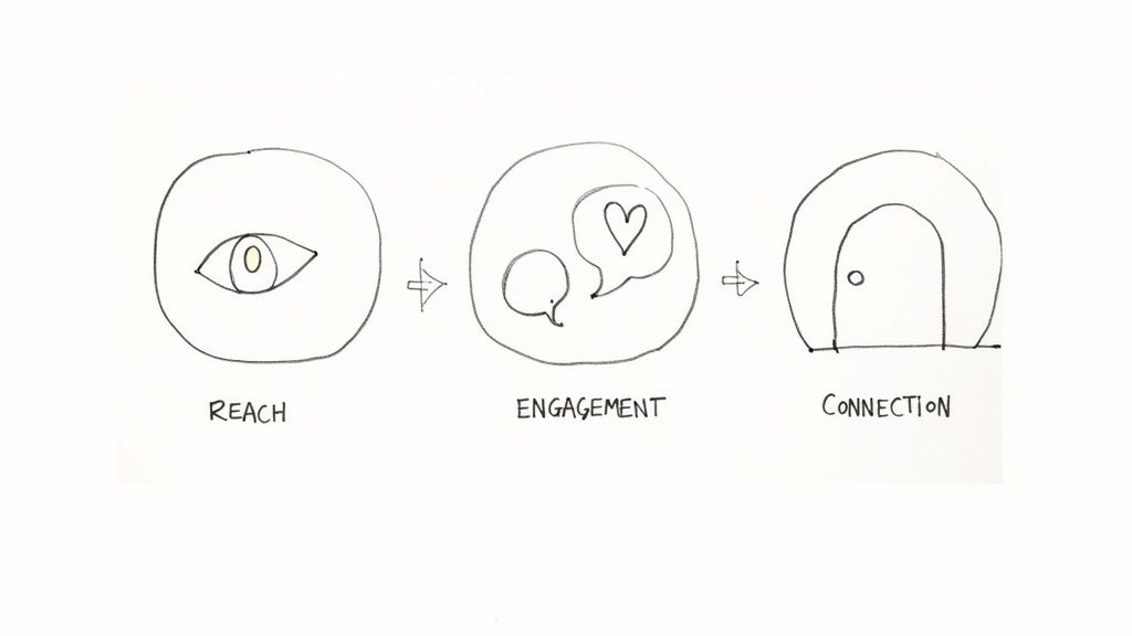 A diagram illustrates the journey from Reach (an eye) to Engagement (chat bubbles with a heart) to Connection (a door).