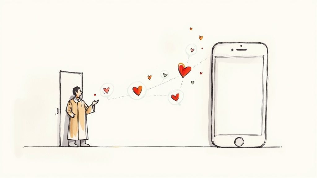 Hand-drawn illustration of a person sending hearts from a doorway to a large smartphone, symbolizing online connection.