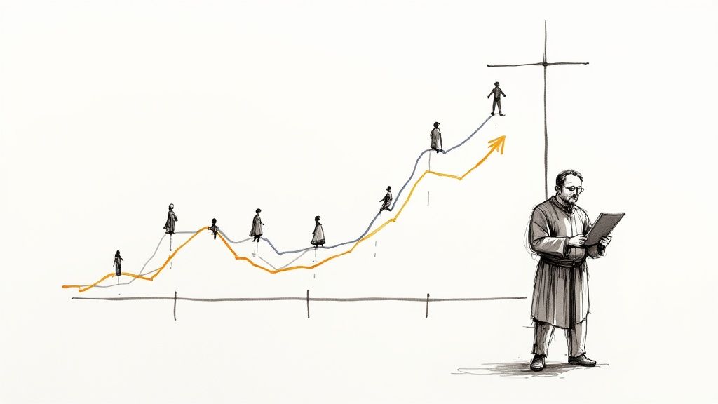 A man in traditional attire observes a rising line graph with people walking on it, symbolizing progress.