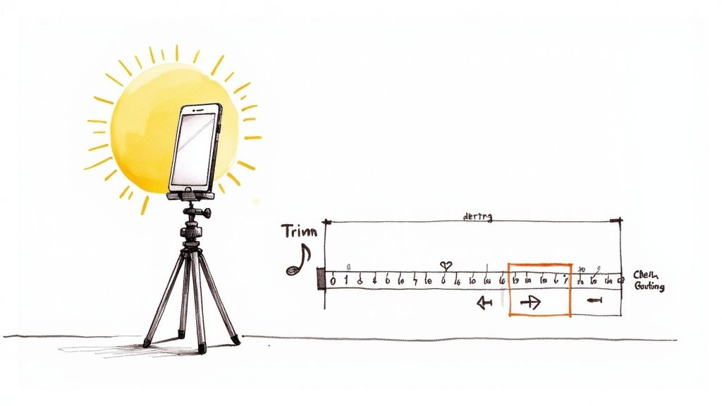 A smartphone recording setup with a timeline graphic demonstrating video trimming for content creation.