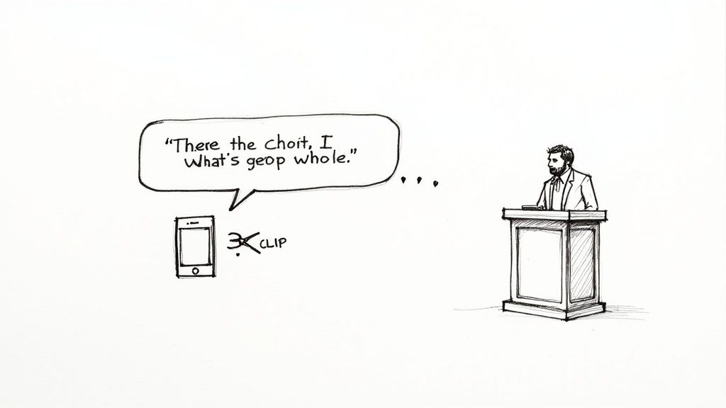 A cartoon of a man at a podium, a phone, and a "CLIP" icon next to a distorted speech bubble.