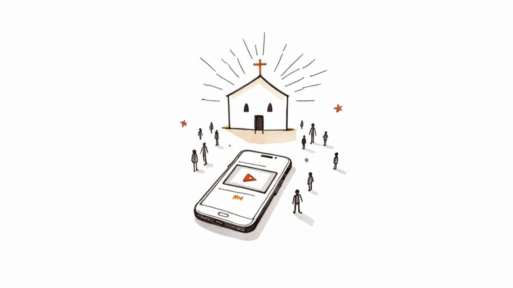 Illustration of a church with a cross, people, and a smartphone displaying a video play button.