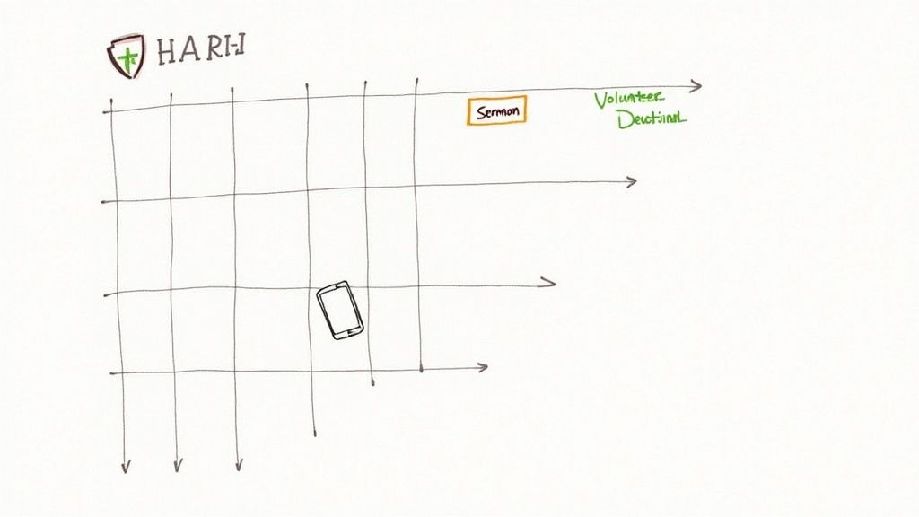 A hand-drawn grid with HARH logo, 'Sermon', 'Volunteer Devotional', and a smartphone icon.