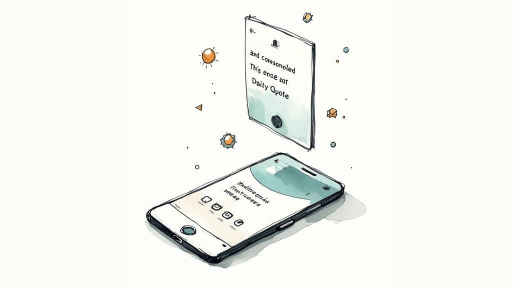 A whimsical drawing of a smartphone receiving a floating AI-generated daily quote notification.