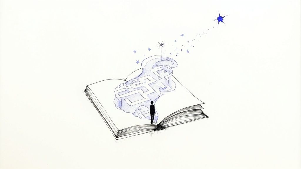 An illustration of an open book where a person steps into a maze leading to stars.