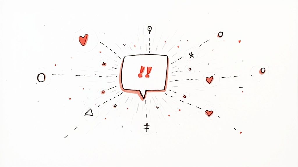 Hand-drawn speech bubble with two red exclamation marks, surrounded by radiating lines and doodles.