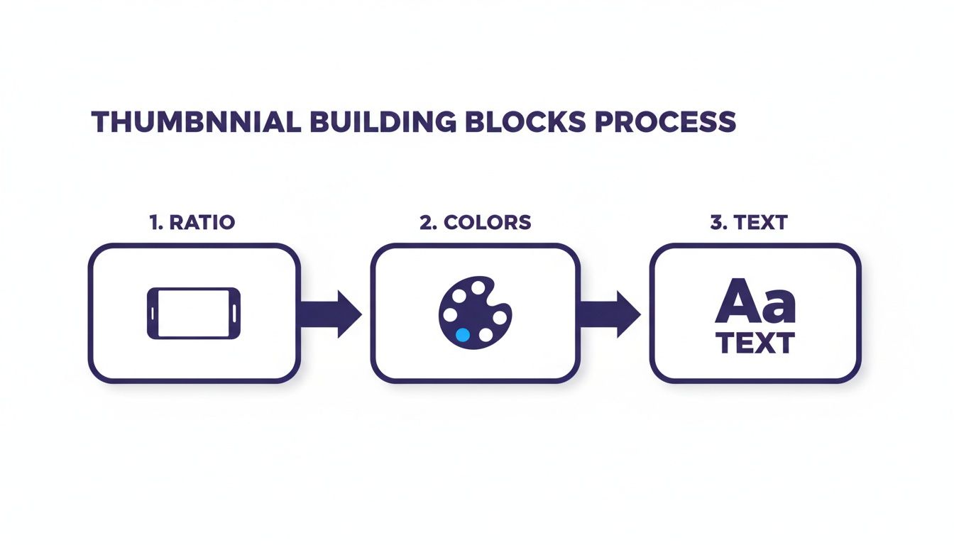A process infographic showing three steps for thumbnail creation: 1. Ratio (smartphone icon), 2. Colors (palette icon), 3. Text (Aa text icon).