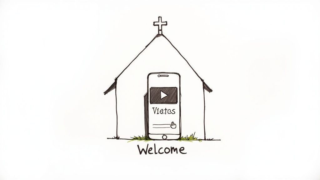 A line drawing of a church with a cross, housing a smartphone displaying a video player, 'Vietes', and 'Welcome' text.