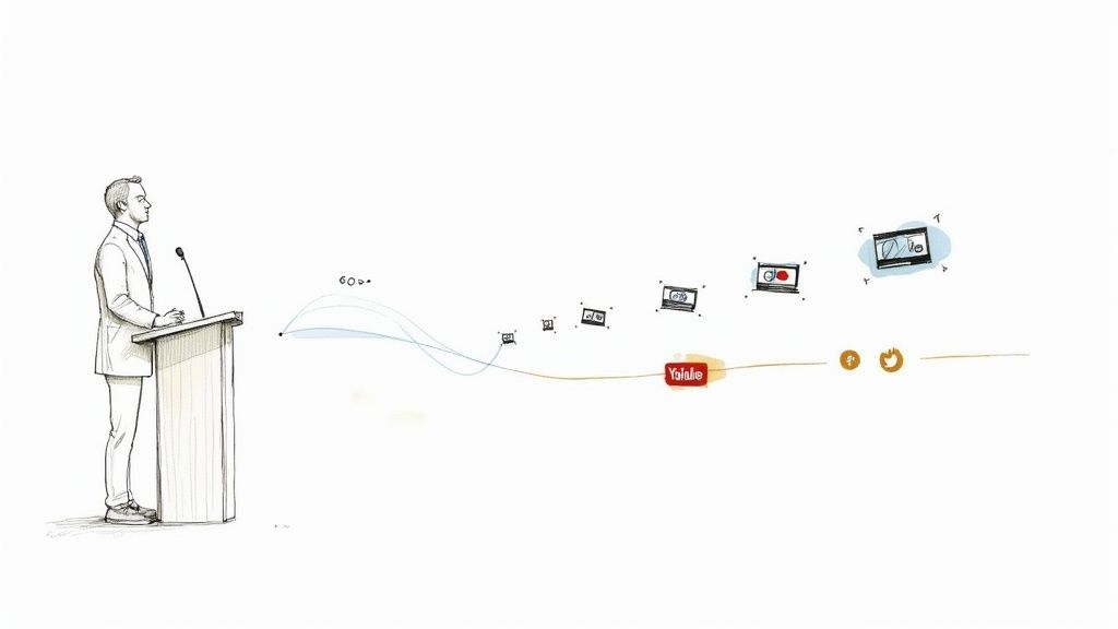 An illustration of a speaker at a podium, with their message digitally broadcast to laptops and social media platforms.