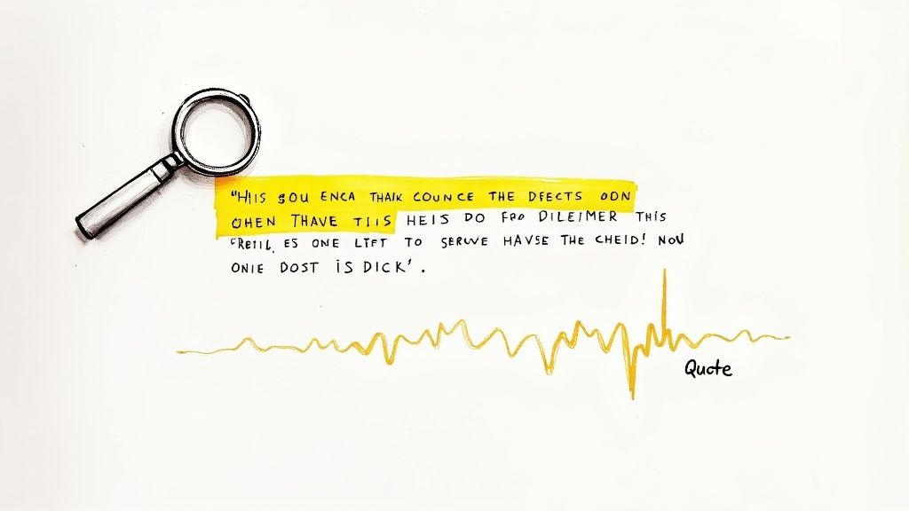 A magnifying glass inspecting a highlighted quote, with a yellow audio waveform and the word 'Quote' below.