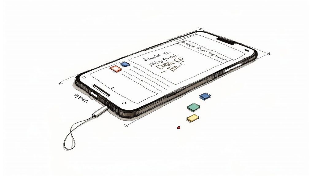 A hand-drawn sketch of a smartphone plugged with earbuds, next to colorful rectangular blocks.