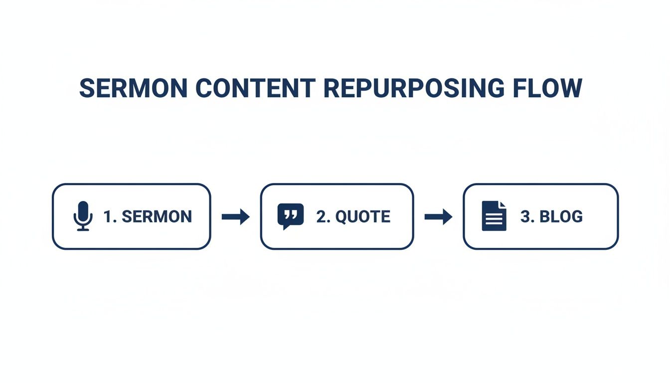 A diagram illustrating the sermon content repurposing flow: from a sermon (microphone) to a quote (speech bubble) to a blog post (document).