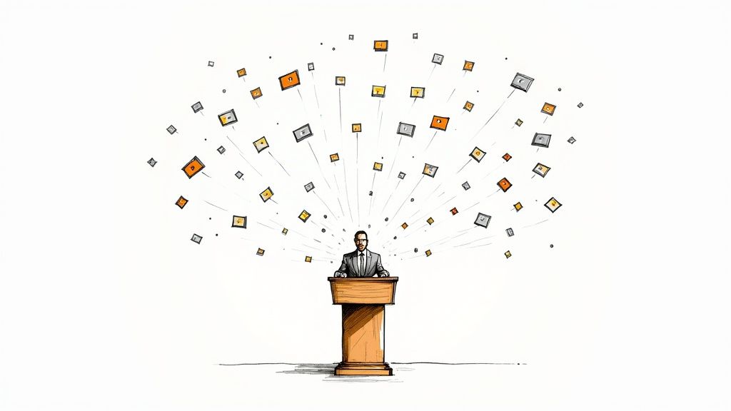 An illustration of a speaker at a podium, with numerous ideas and data points radiating upwards.