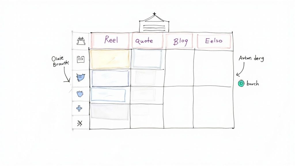 Hand-drawn content planning grid with columns for Reel, Quote, Blog, and Eelso, displaying various content types.