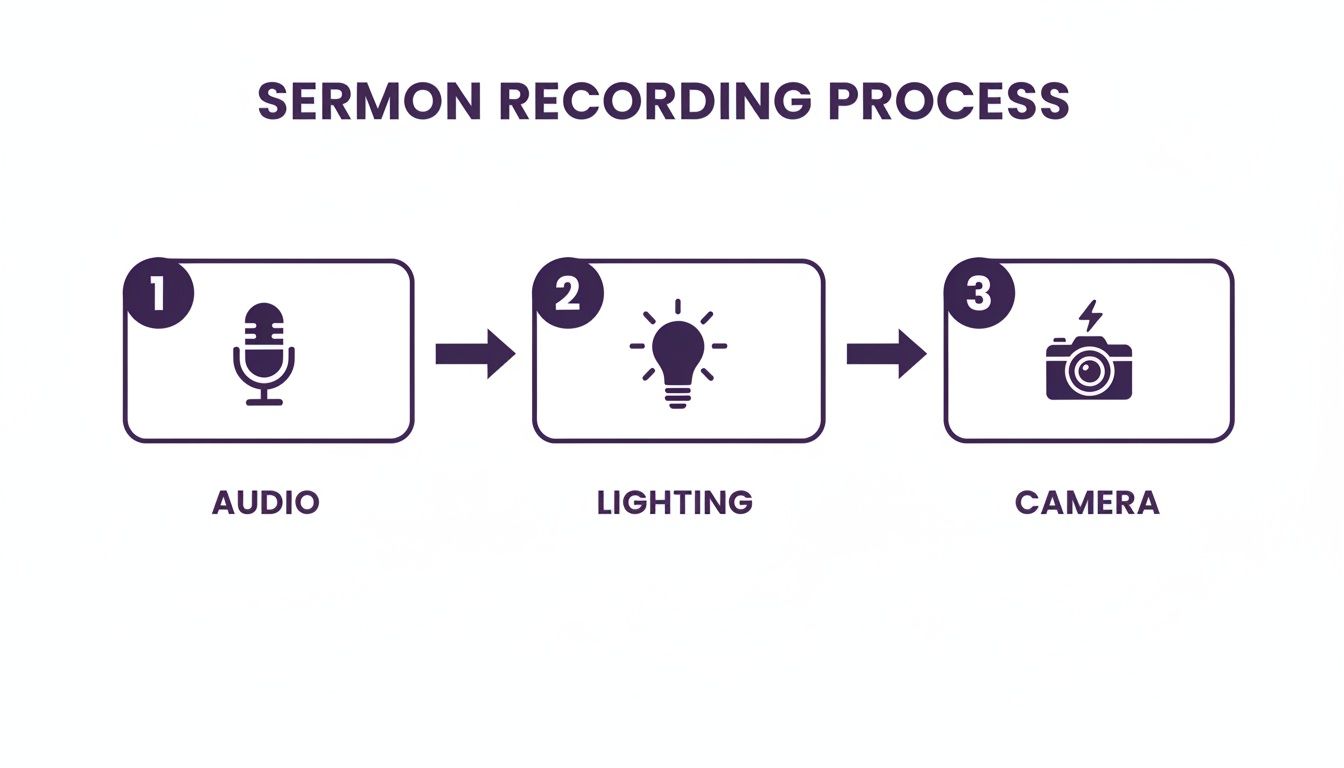 Diagram illustrating the sermon recording process with steps: audio, lighting, and camera.