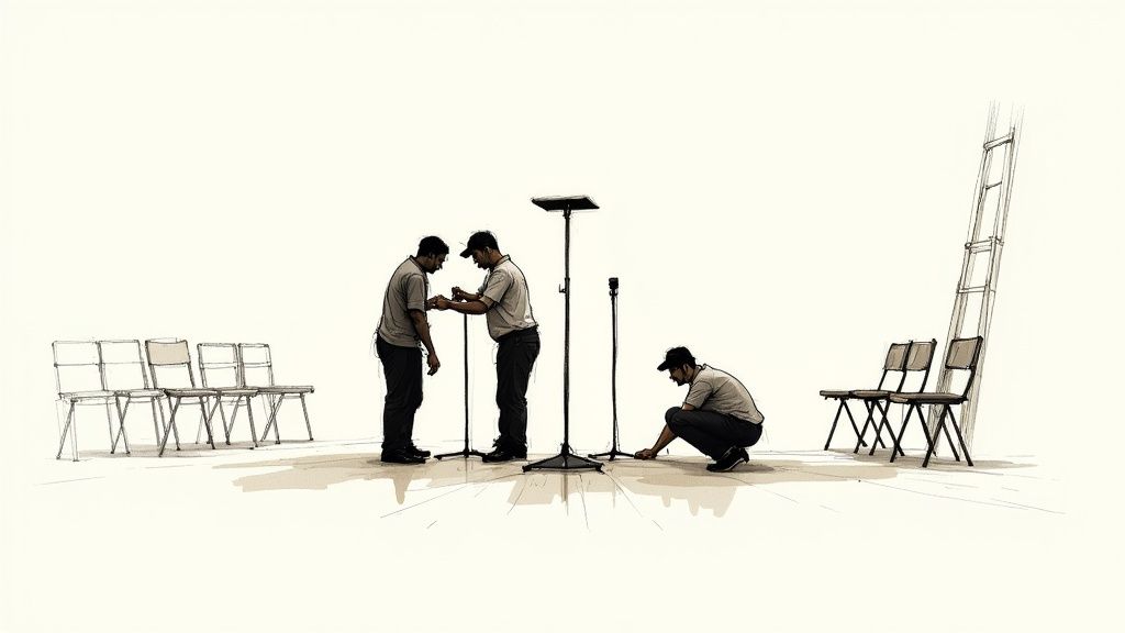 Three men setting up stage equipment, chairs, and a ladder on a sparse, white set.