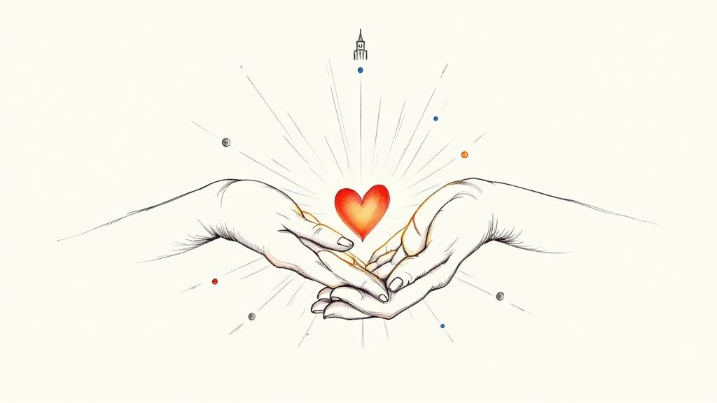 Two hands gently hold a glowing red heart, surrounded by light rays and a church icon.