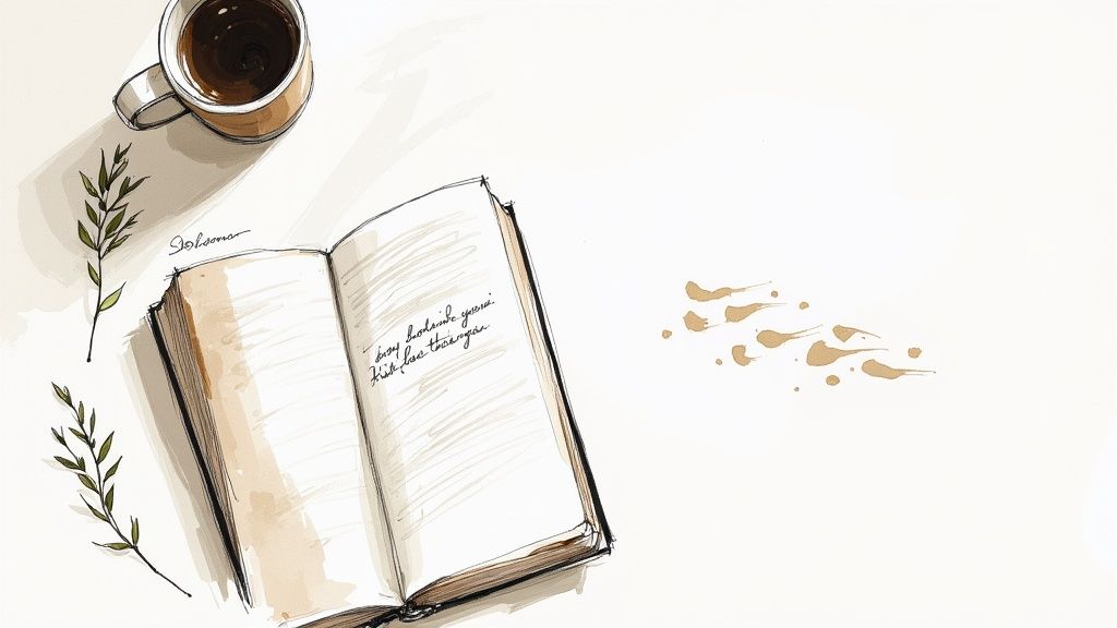 Illustration of an open sketchbook with writing, a coffee cup, and green sprigs.
