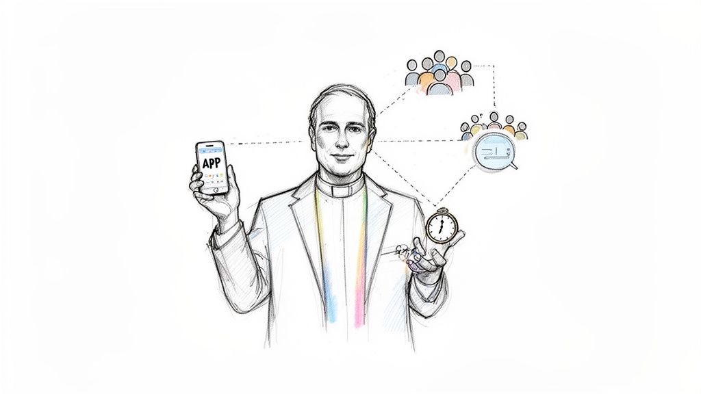 Sketch of a pastor holding a smartphone app and a pocket watch, connected to community and search icons.