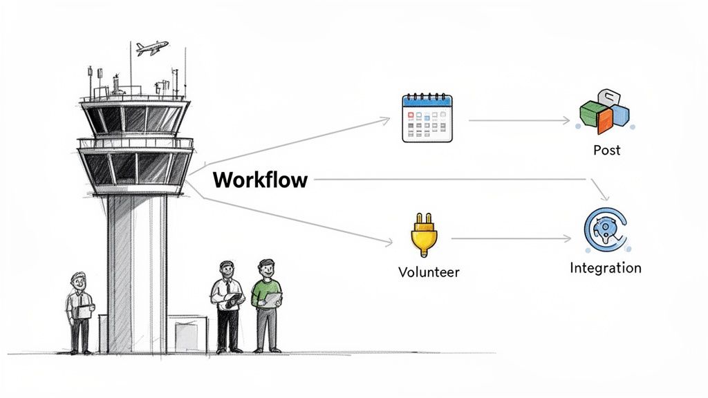 A sketch of an airport control tower connecting to a digital workflow for posting and integration tasks.