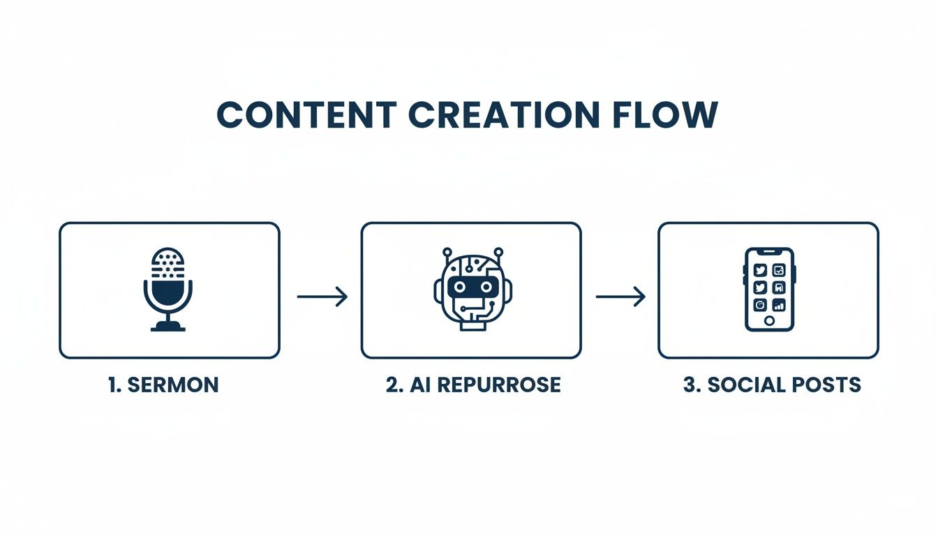 A content creation flow diagram illustrating the process from sermon to AI repurposing to social media posts.