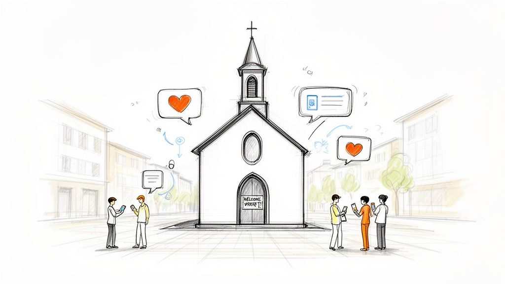 A sketch showing a church engaging with people via social media on smartphones.