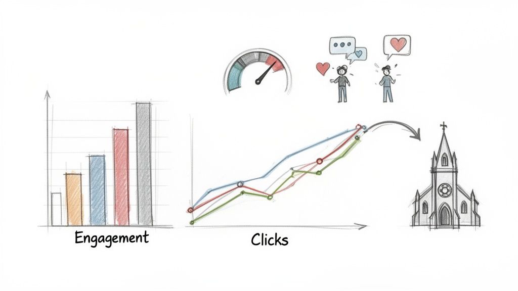 Sketched infographic demonstrating how social media engagement and clicks can lead to church growth.