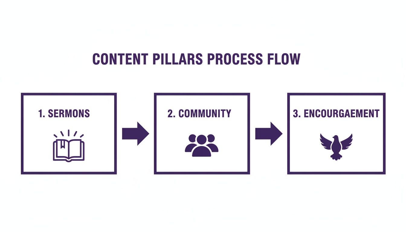 Process flow diagram illustrating three content pillars: Sermons, Community, and Encouragement with respective icons.