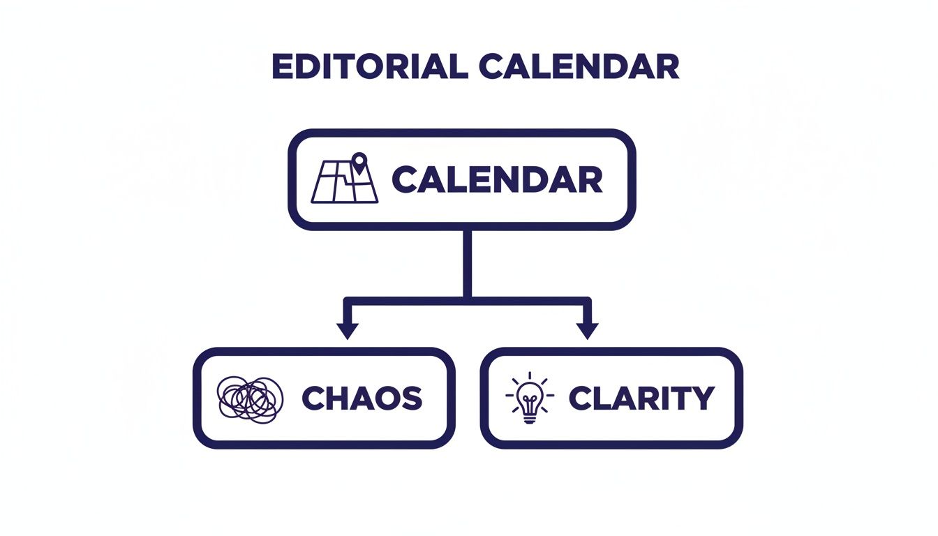A flowchart illustrating the impact of an editorial calendar, leading to either chaos or clarity.