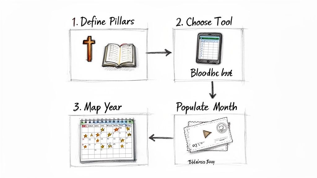 A four-step visual guide showing defining pillars (cross, bible), choosing tool (phone), populating month, and mapping year (calendar).