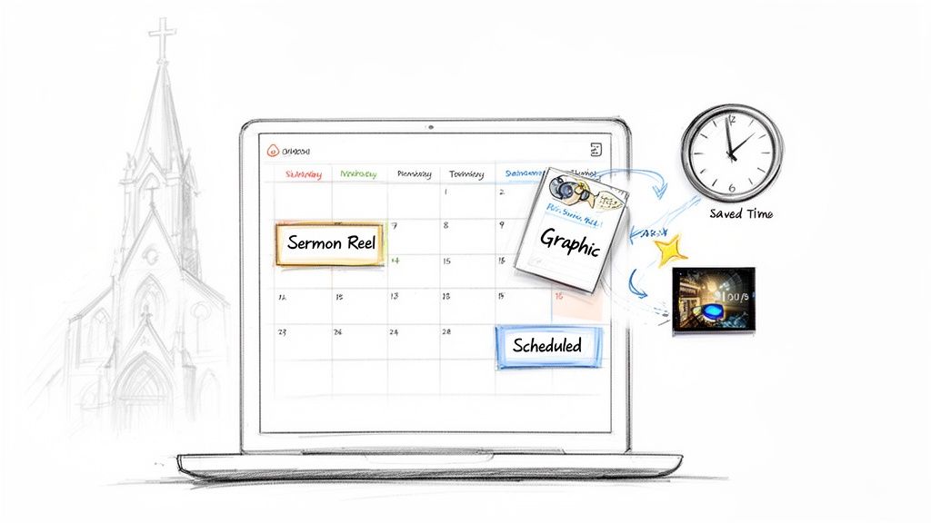 A laptop displays a digital calendar for scheduling church content like sermon reels and graphics, symbolizing saved time.