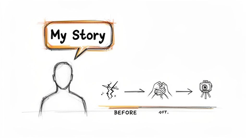 Illustration of a person sharing 'My Story' from a broken 'BEFORE' state to transformation 'AFT.', captured by a camera.
