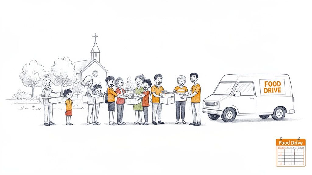 Community members, including children, donate food boxes in a line for a food drive van.