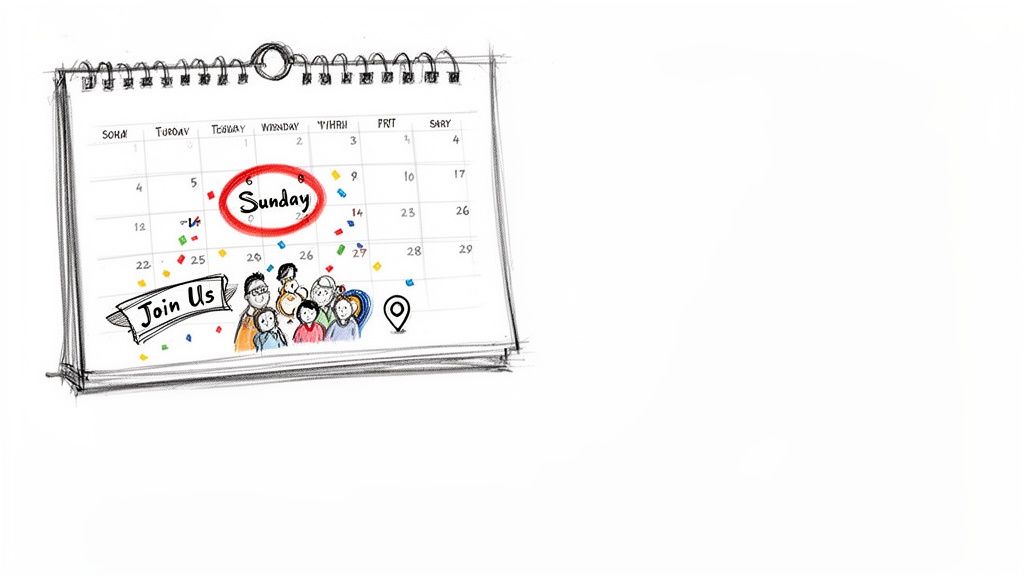 Illustrated calendar marking Sunday, featuring a group of people and a 'Join Us' banner.