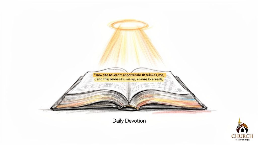 An open book illuminated by a beam of light, displaying 'Daily Devotion' for spiritual reflection.