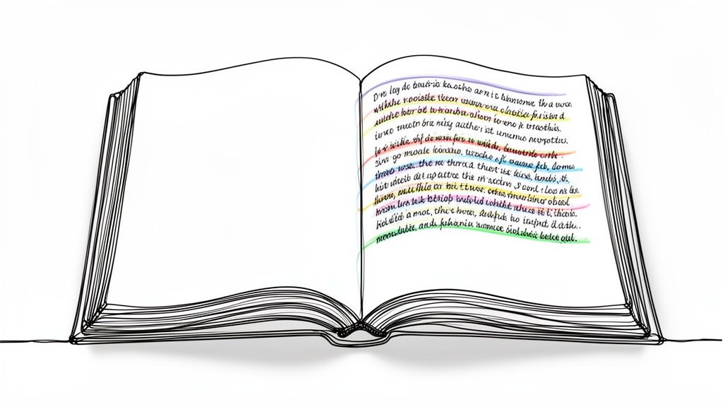 A minimalist continuous line drawing of an open book with colorful, illegible text on the right page.