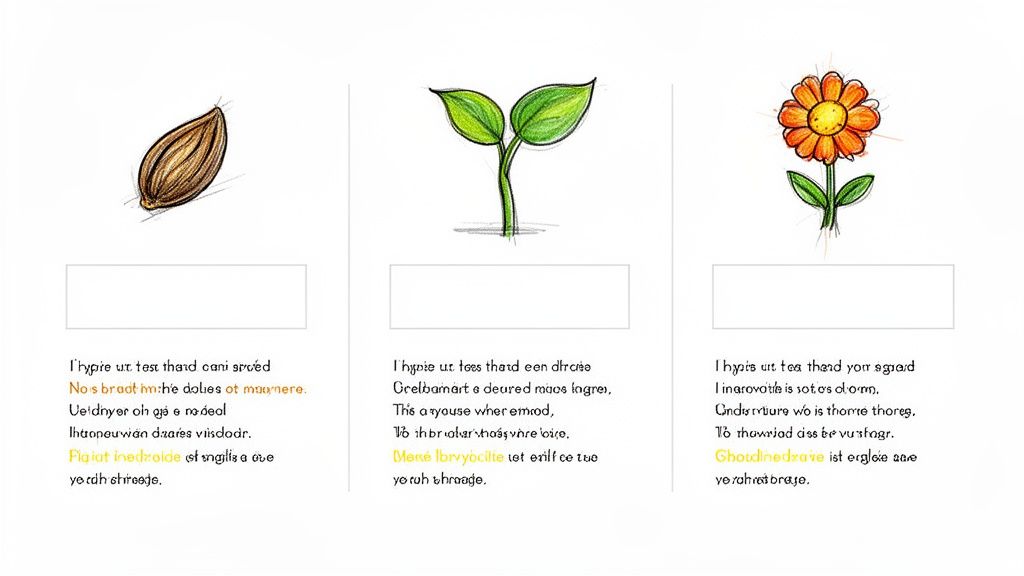 Three illustrations depicting the stages of plant growth: a seed, a green sprout, and a colorful flower.