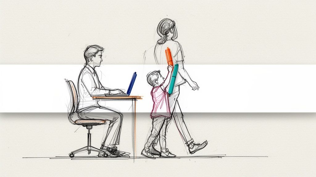 Drawing of a man working on a laptop, while a child with markers distracts a walking woman.