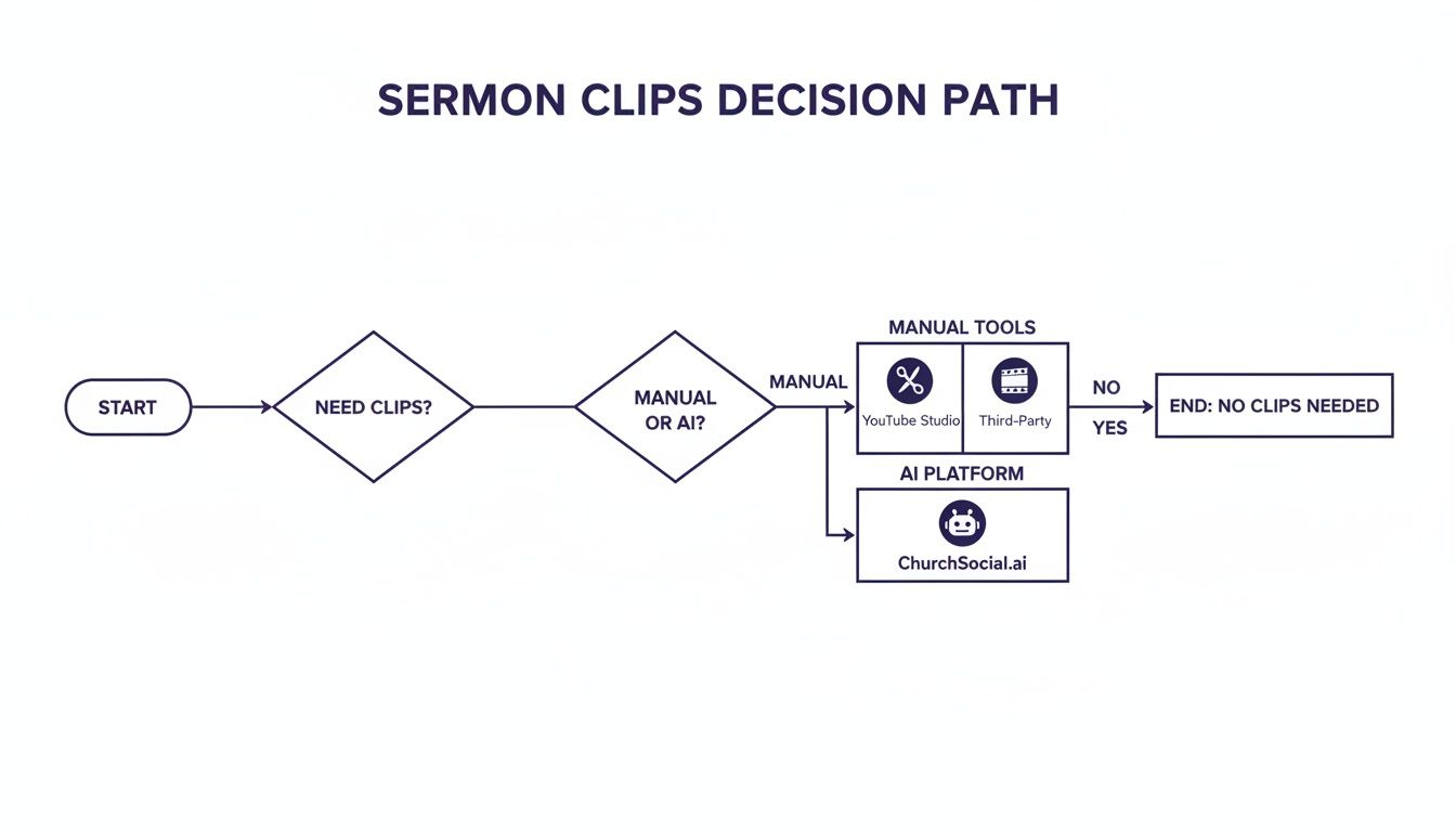 A flowchart showing the decision path for creating sermon clips, using manual tools or an AI platform.