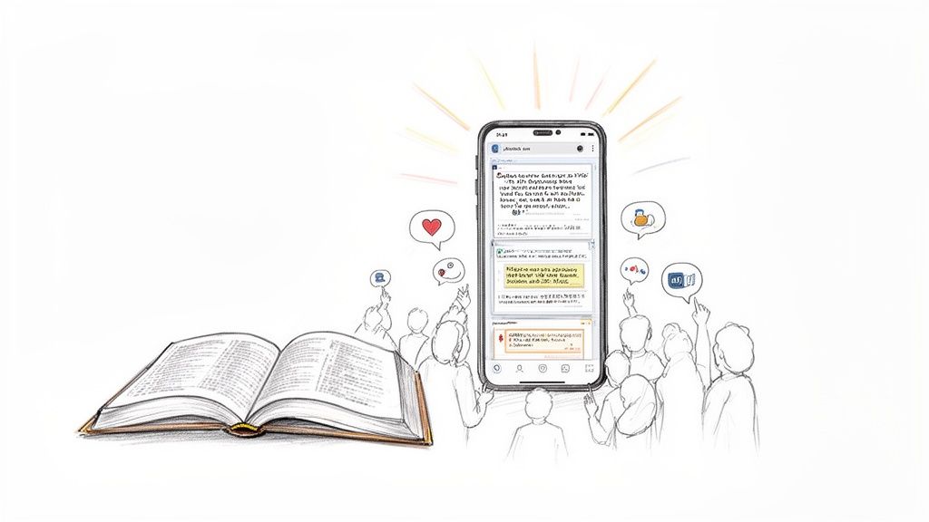 Illustration of a book and a smartphone surrounded by people interacting with digital content and social media.
