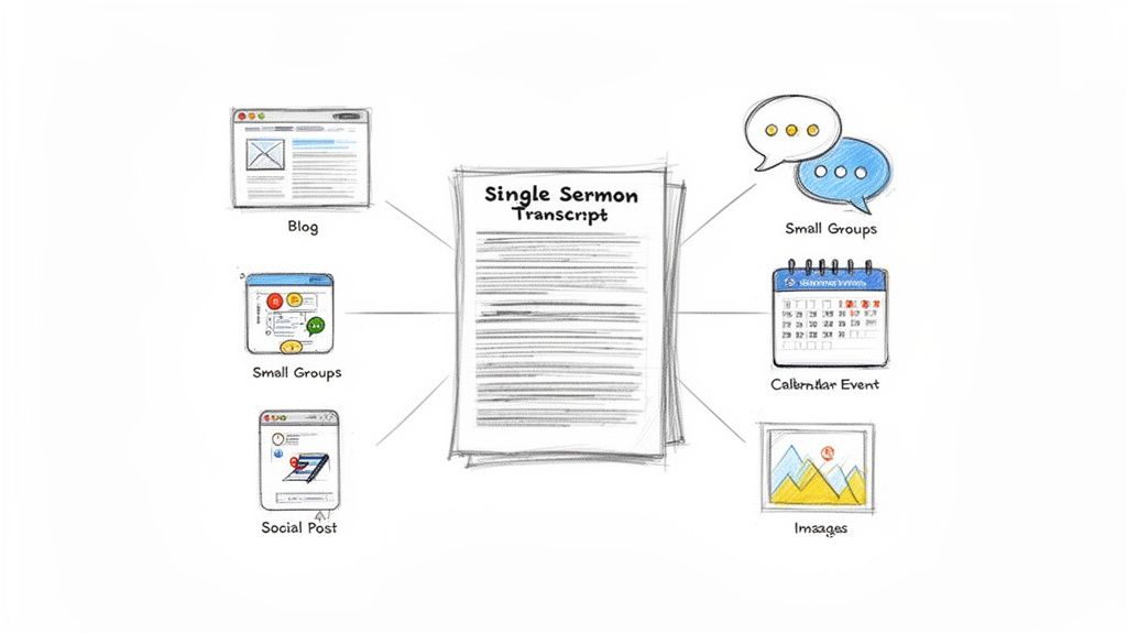 Diagram showing a single sermon transcript as a central source generating content for blogs, social posts, small groups, calendar events, and images.
